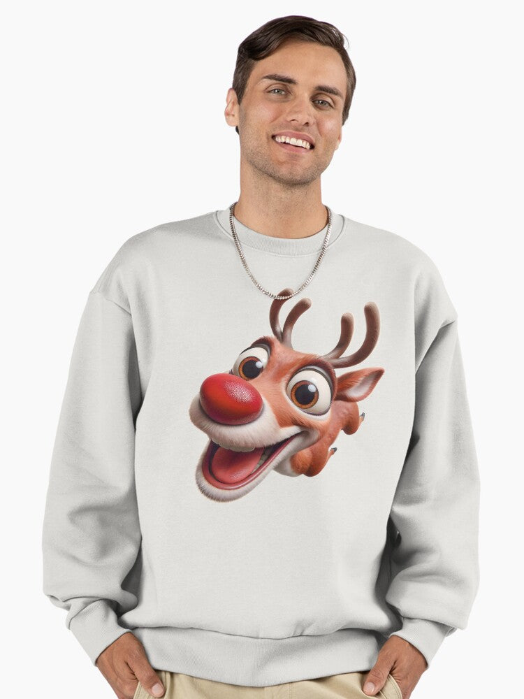 Happy and cute Christmas Rudolph reindeer with big eyes Premium Oversized Sweatshirt | Premium Unisex T-Shirt, Trending Graphic Tee