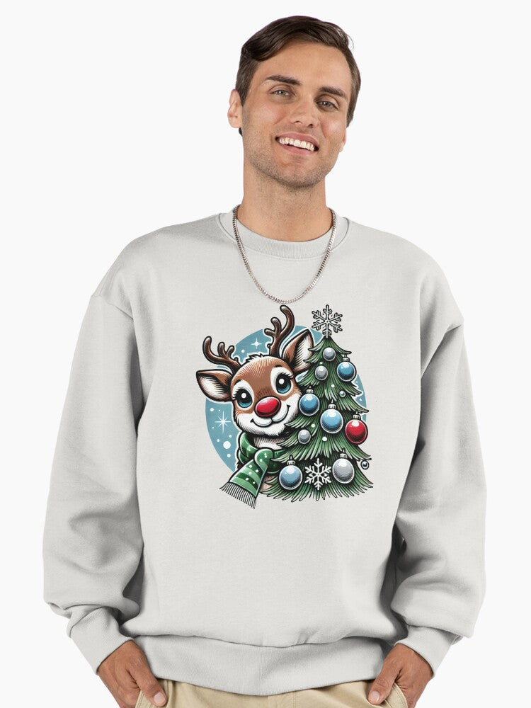Cute Rudolph Reindeer with Christmas Tree Illustration Premium Oversized Sweatshirt | Premium Unisex T-Shirt, Trending Graphic Tee