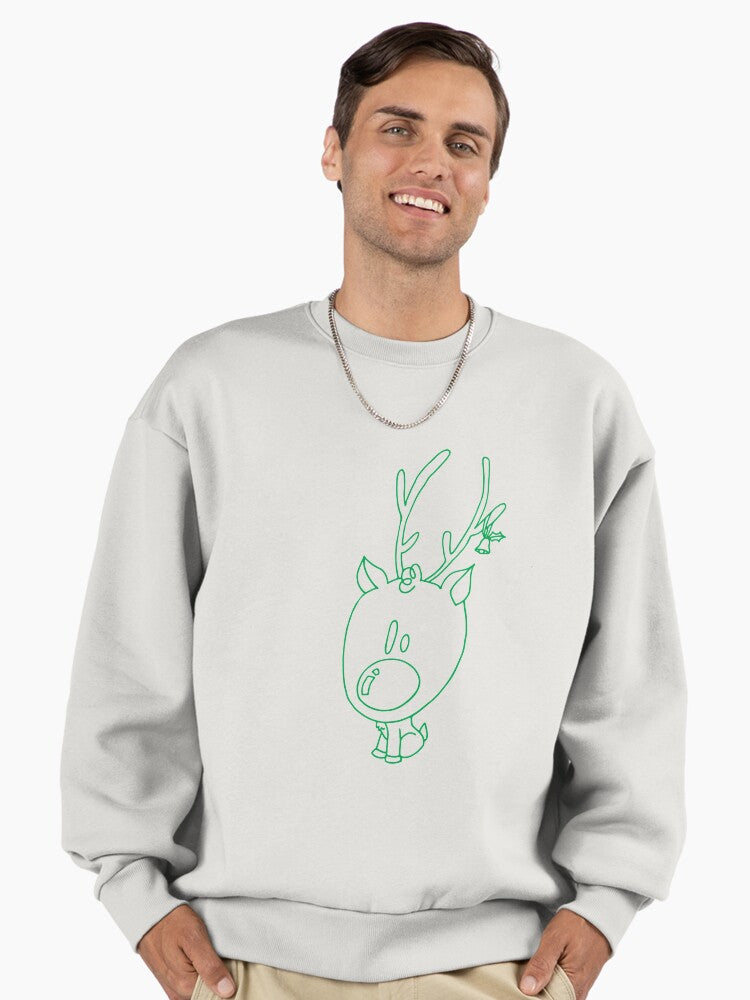 Cute Rudolph in Green Outline Art Print Premium Oversized Sweatshirt | Premium Unisex T-Shirt, Trending Graphic Tee