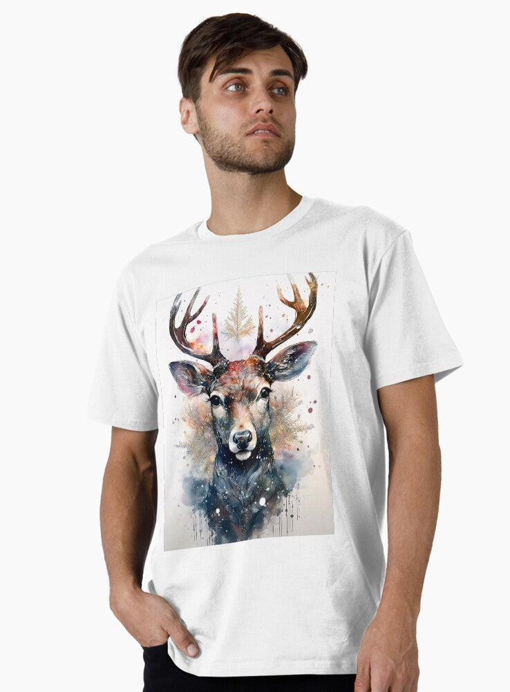 A majestic deer with large antlers surrounded by a colorful watercolor background Premium T Shirt T Shirt Premium Print