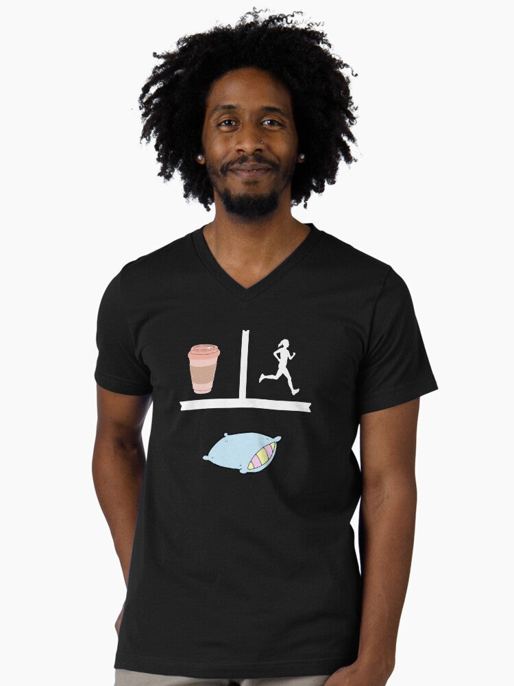 Coffee Running And Sleep - Funny Coffee Drinker And Runner V-Neck T-Shirt | Graphic T-Shirt for Unisex