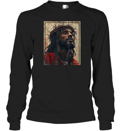 Black Jesus Face Of Jesus Cross With Crown Of Thorns Long Sleeve T Shirt