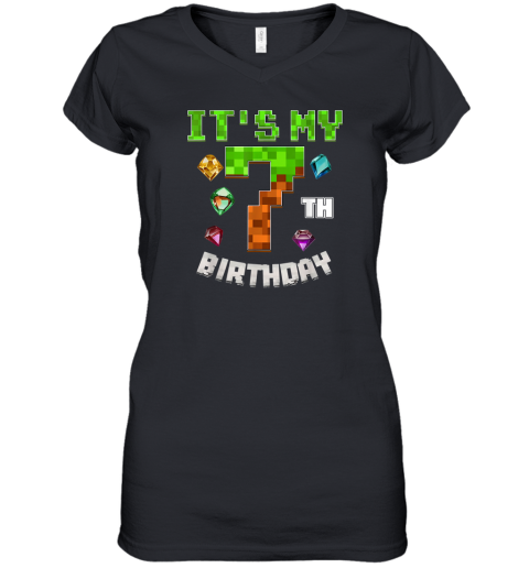 It039S My 7Th Birthday Video Game Pixel Women039S V Neck T Shirt