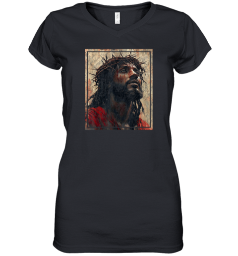 Black Jesus Face Of Jesus Cross With Crown Of Thorns Women039S V Neck T Shirt