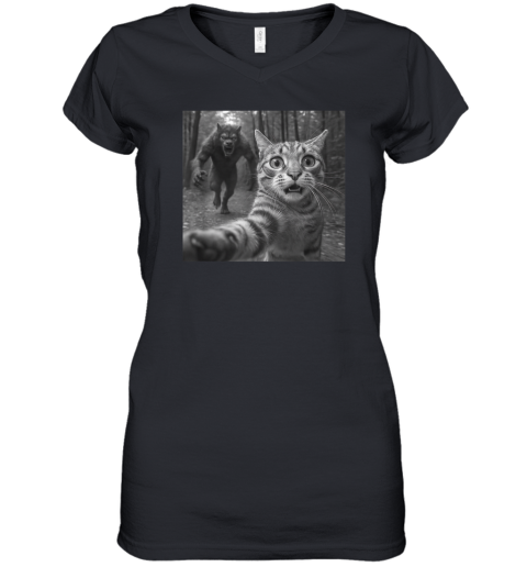 Cat Selfie Werewolf Chase Scary Monster Women039S V Neck T Shirt